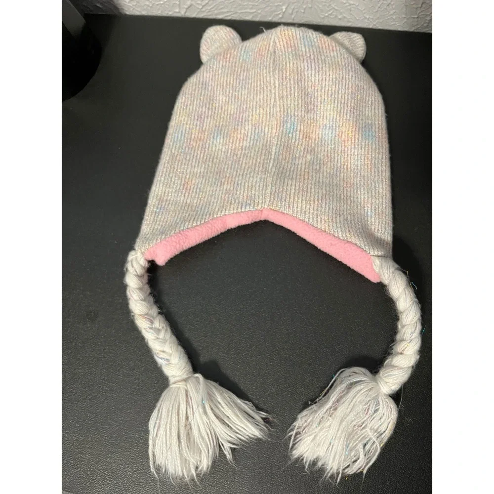 Kids Unicorn Trapper Hat Pastel Rainbow Glitter Knit‎ Fleece Lined Beanie Pink